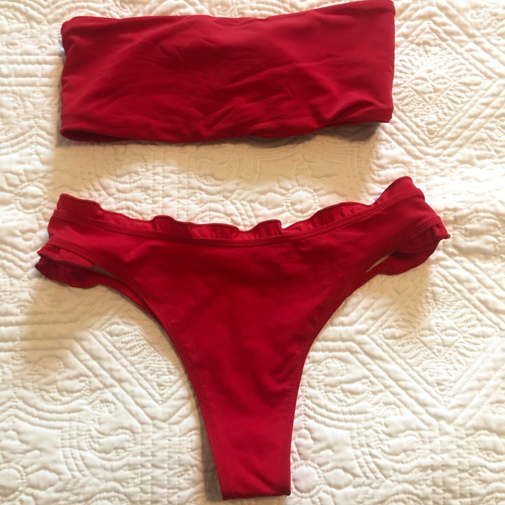 Red ruffle bandeau bikini
